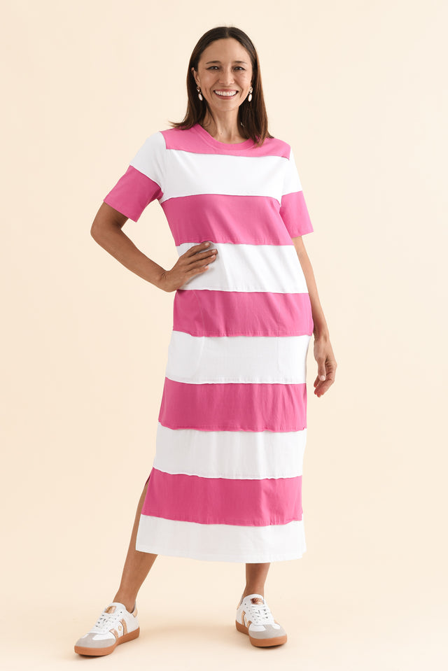 Bold Magenta Stripe Cotton Tee Dress,Full Body,Brunette model,alt text|model:Cara image 2