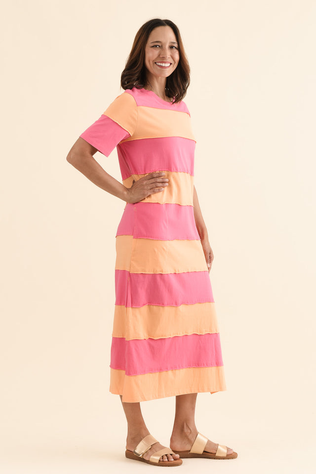 Bold Peach Stripe Cotton Tee Dress,Side,Brunette model,alt text|model:Cara image 3