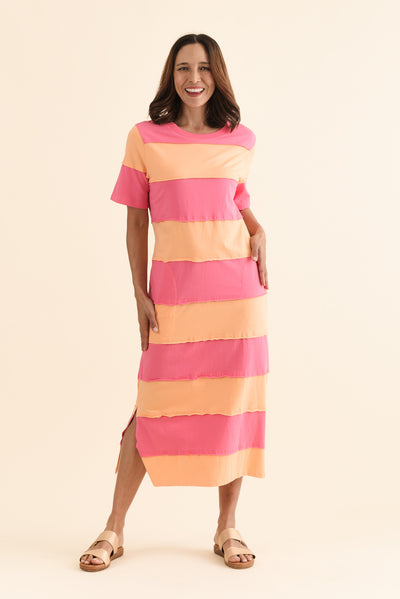 Bold Peach Stripe Cotton Tee Dress