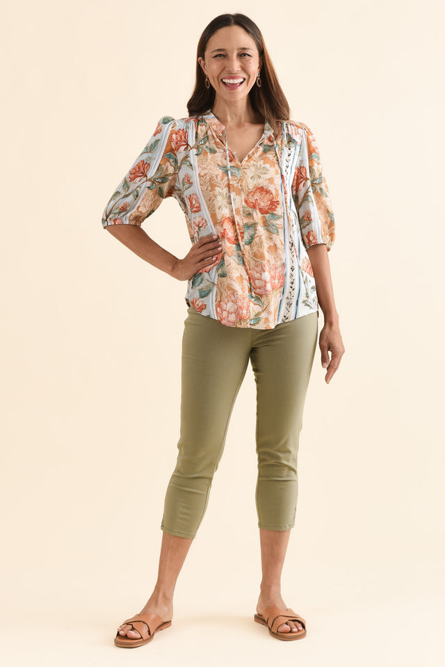 Boreen Orange Garden Button Top,Full Body,Brunette model,alt text|model:Cara