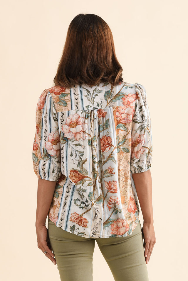 Boreen Orange Garden Button Top,Back,Brunette model,alt text|model:Cara image 4