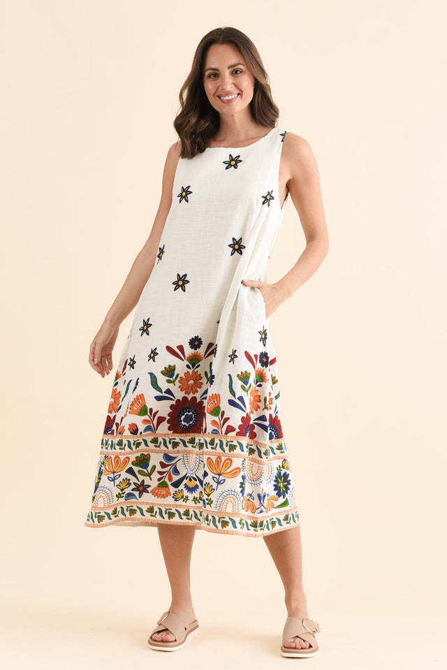 Bory White Garden Cotton Sleeveless Dress,Front,Brunette model,alt text|model:MJ image 1