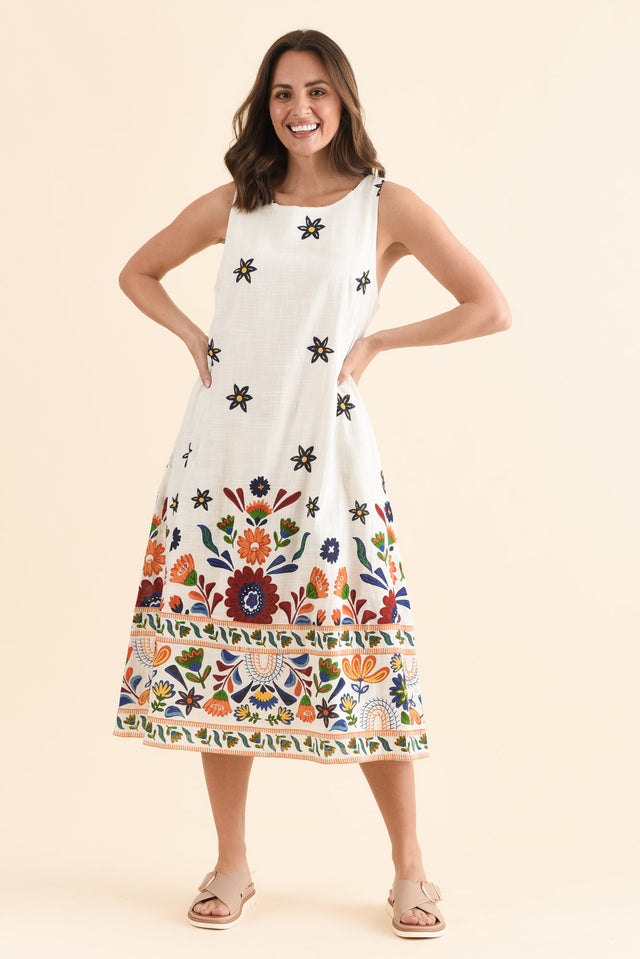 Bory White Garden Cotton Sleeveless Dress,Full Body,Brunette model,alt text|model:MJ image 6