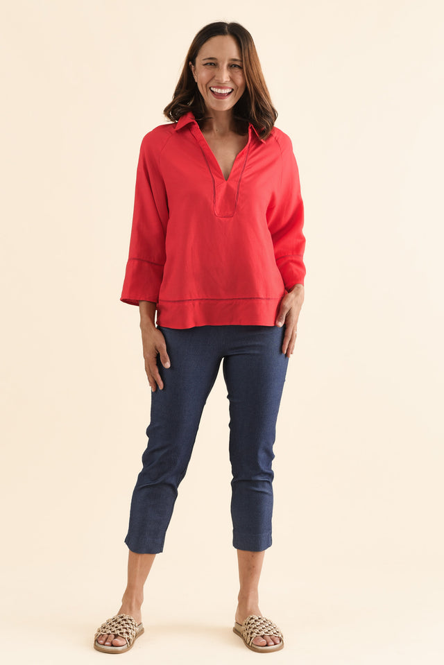 Brayden Red Collared Blouse,Full Body,Brunette model,alt text|model:Cara