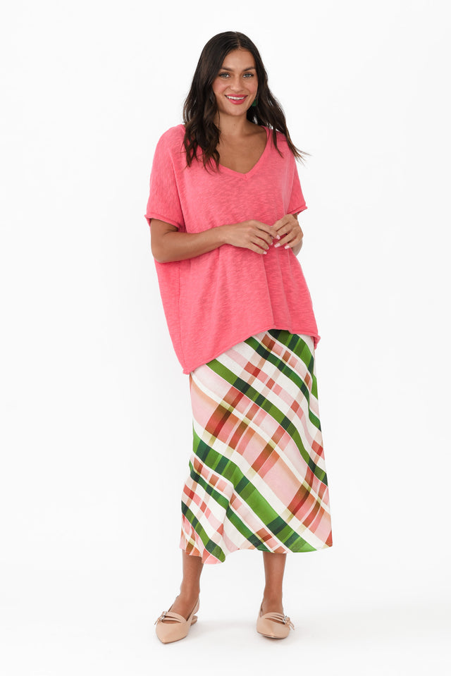 Bree Pink Check Linen Blend Skirt,Brunette model,alt text|model:Brontie image 7