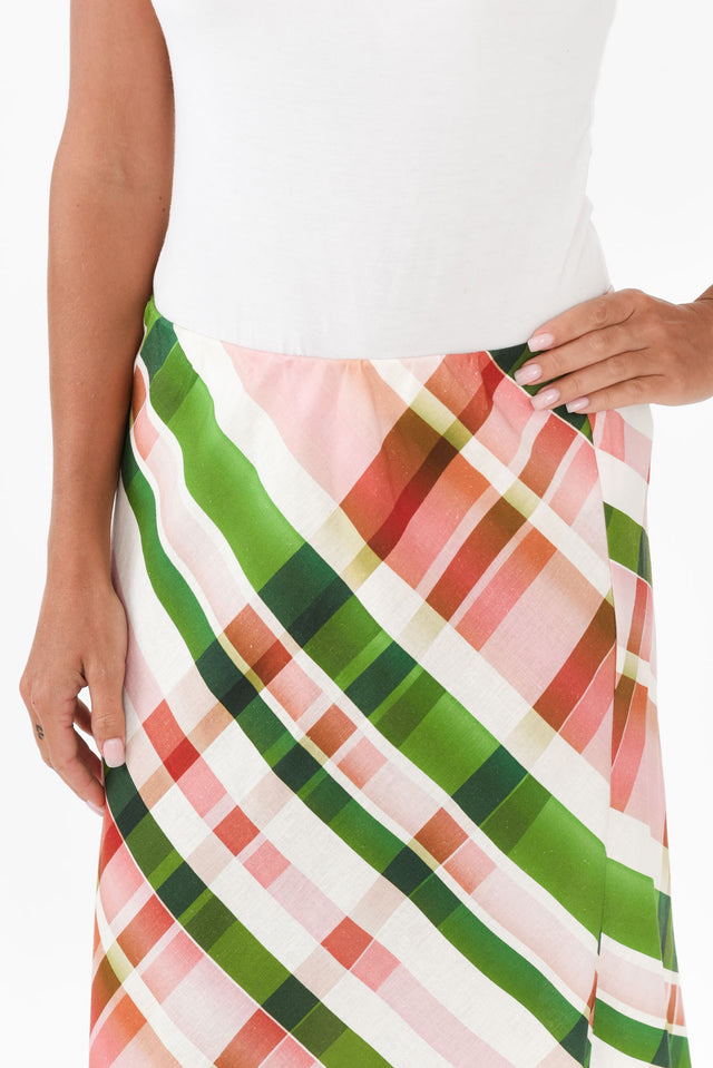 Bree Pink Check Linen Blend Skirt,Brunette model,alt text|model:Brontie image 6