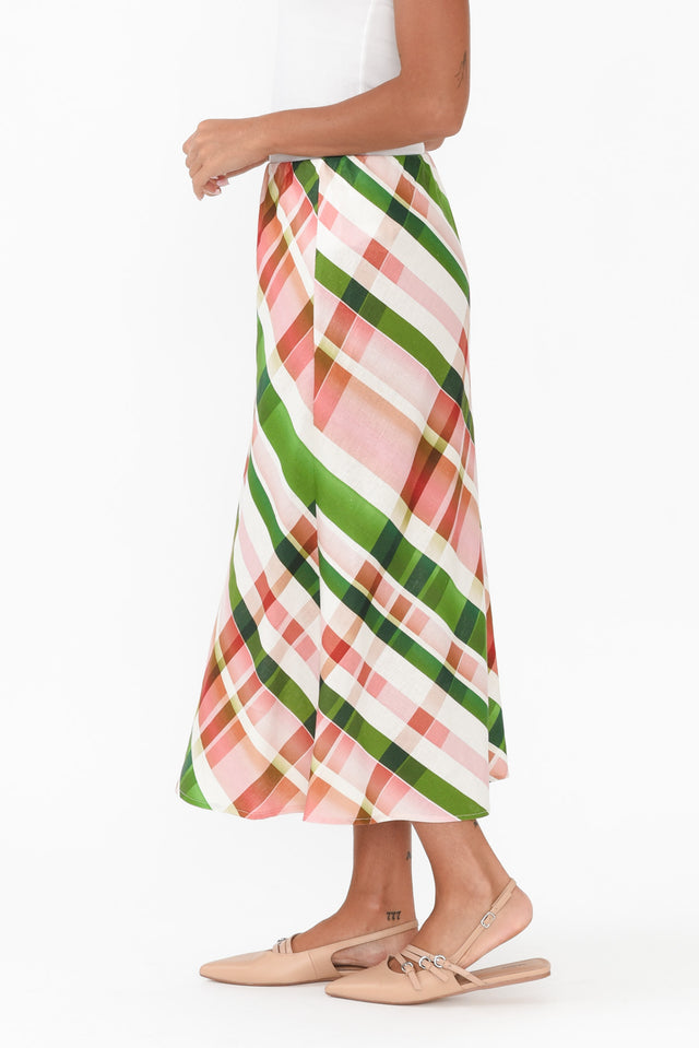 Bree Pink Check Linen Blend Skirt,Brunette model,alt text|model:Brontie image 4