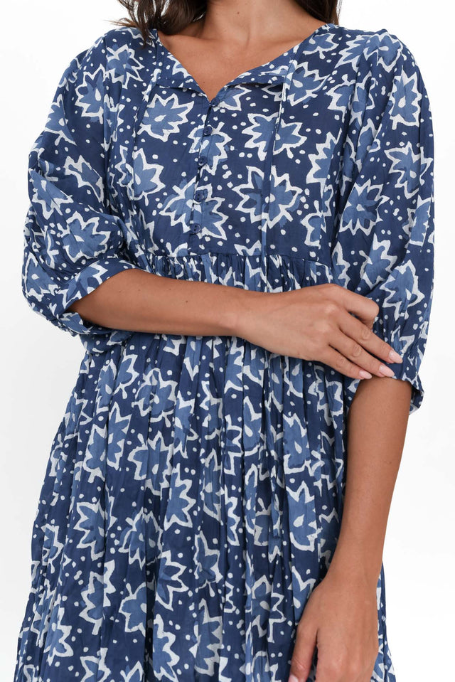 Brenna Navy Blossom Cotton Button Dress