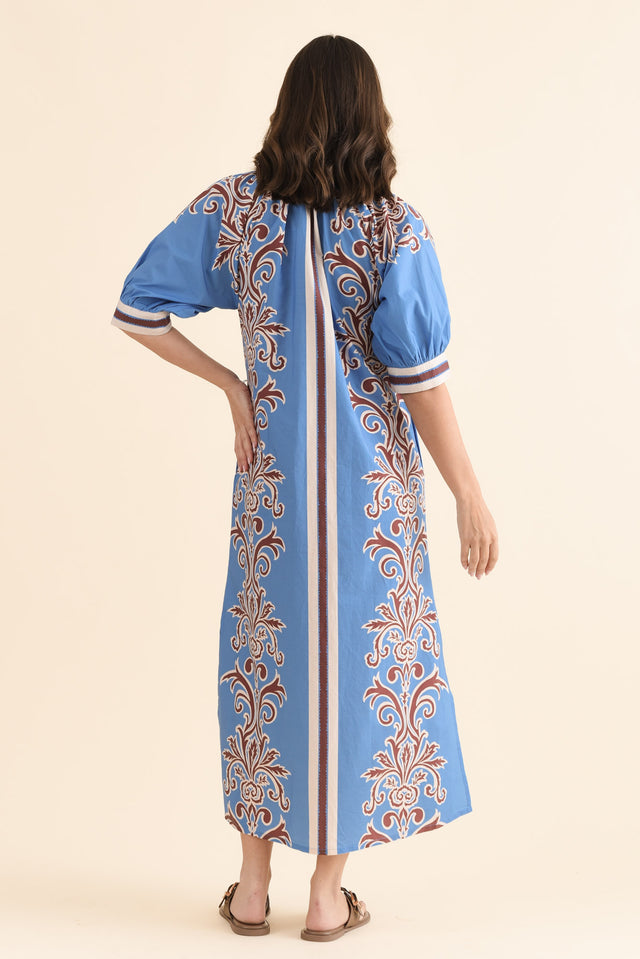 Brianne Blue Abstract Cotton Tie Dress,Back,Brunette model,alt text|model:MJ image 4