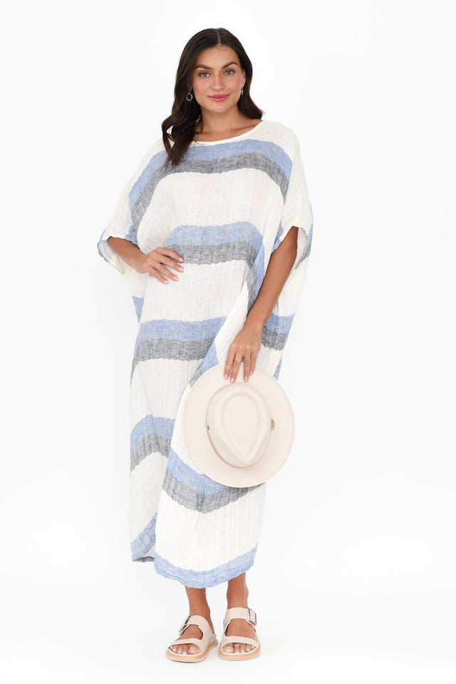 Brinley Navy Stripe Linen Dress,Brunette model,alt text|model:Brontie image 1
