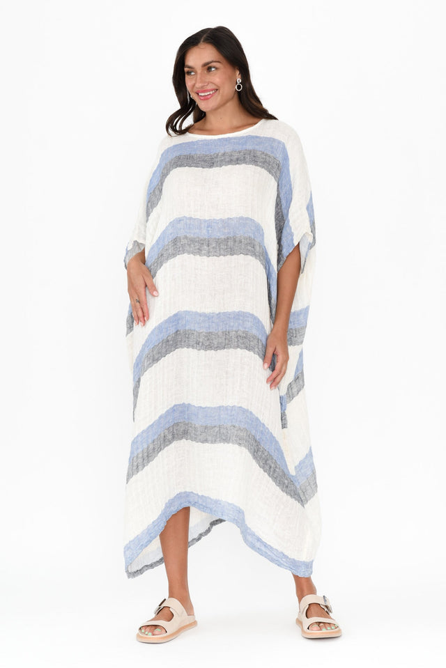 Brinley Navy Stripe Linen Dress,Brunette model,alt text|model:Brontie image 3