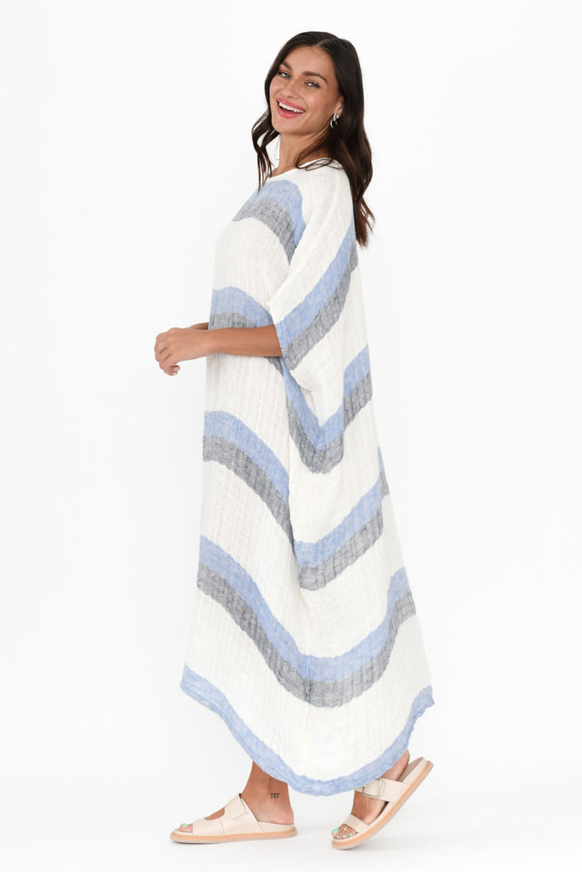 Brinley Navy Stripe Linen Dress,Brunette model,alt text|model:Brontie image 4