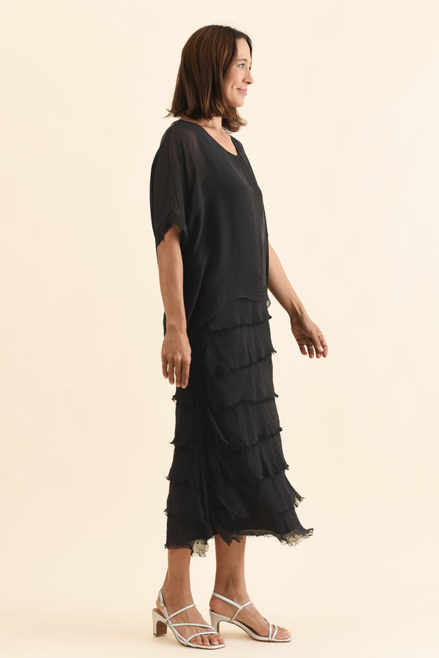Britt Black Silk Layer Dress,Side,Brunette model,alt text|model:Cara image 3