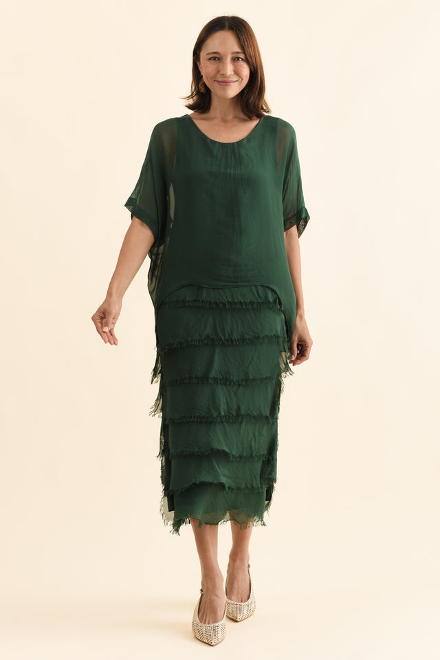 Britt Green Silk Layer Dress,Full Body,Brunette model,alt text|model:Cara image 2