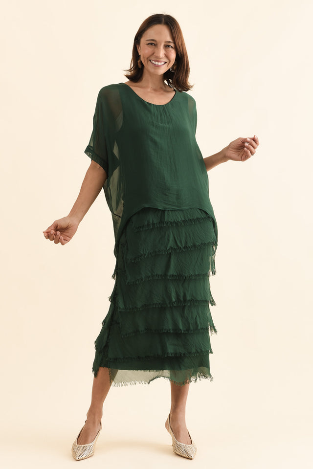 Britt Green Silk Layer Dress,Front,Brunette model,alt text|model:Cara image 1