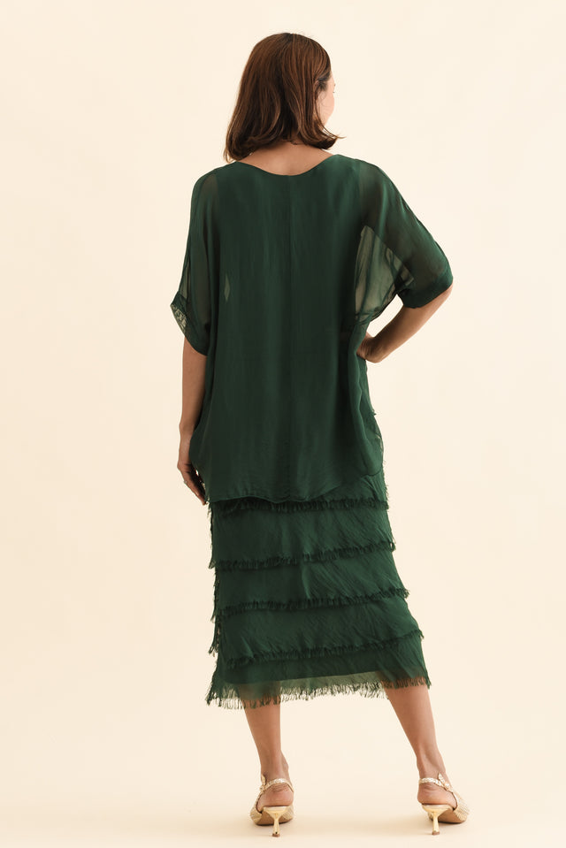 Britt Green Silk Layer Dress,Back,Brunette model,alt text|model:Cara image 4