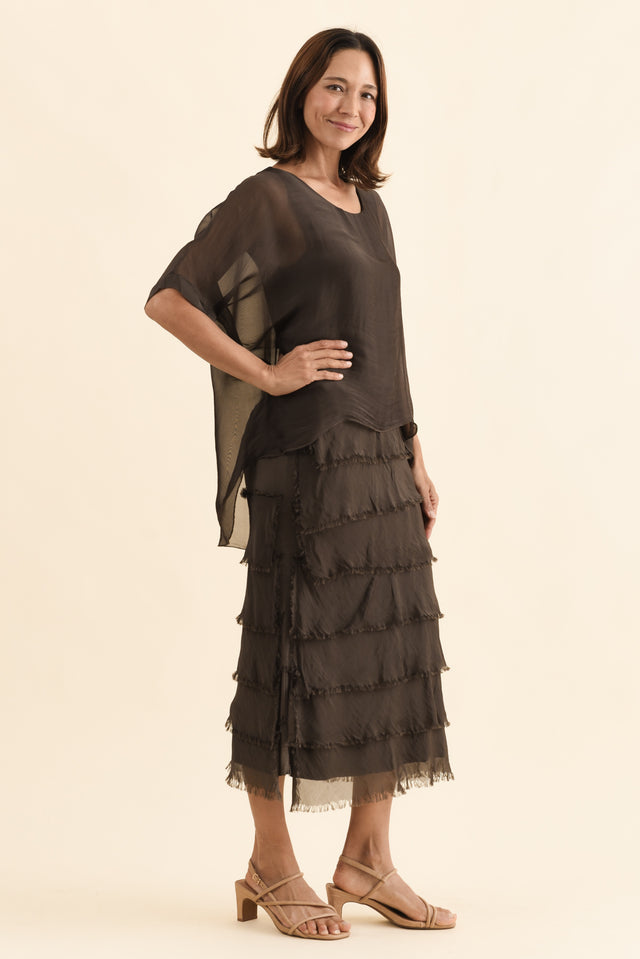 Britt Chocolate Silk Layer Dress,Side,Brunette model,alt text|model:Cara image 3