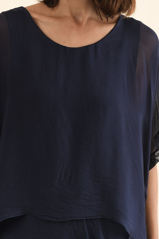 Britt Navy Silk Layer Dress,Detail,Brunette model,alt text|model:Cara image 5