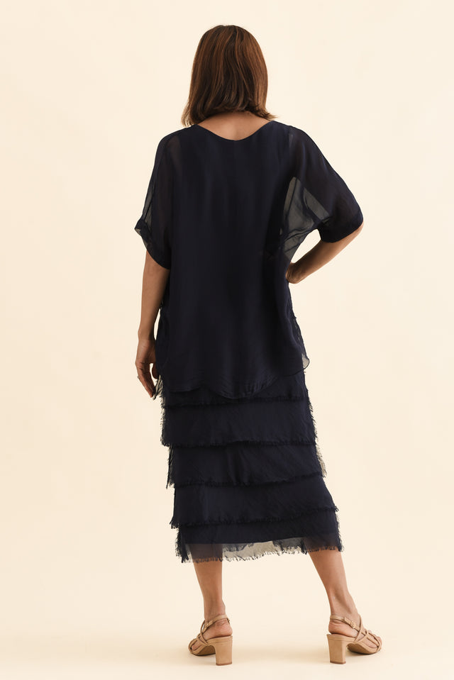 Britt Navy Silk Layer Dress,Back,Brunette model,alt text|model:Cara image 4