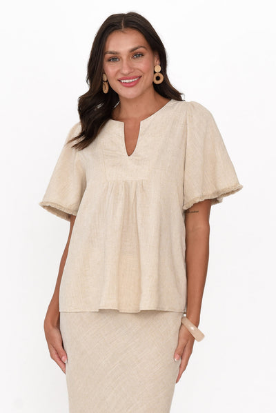 Bronco Beige Flutter Sleeve Top neckline_V Neck
