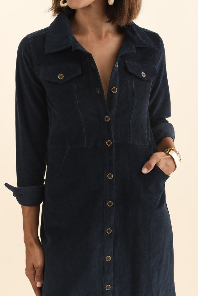 Bronwyn Navy Corduroy Button Dress,Brunette model,alt text|model:Cara image 6