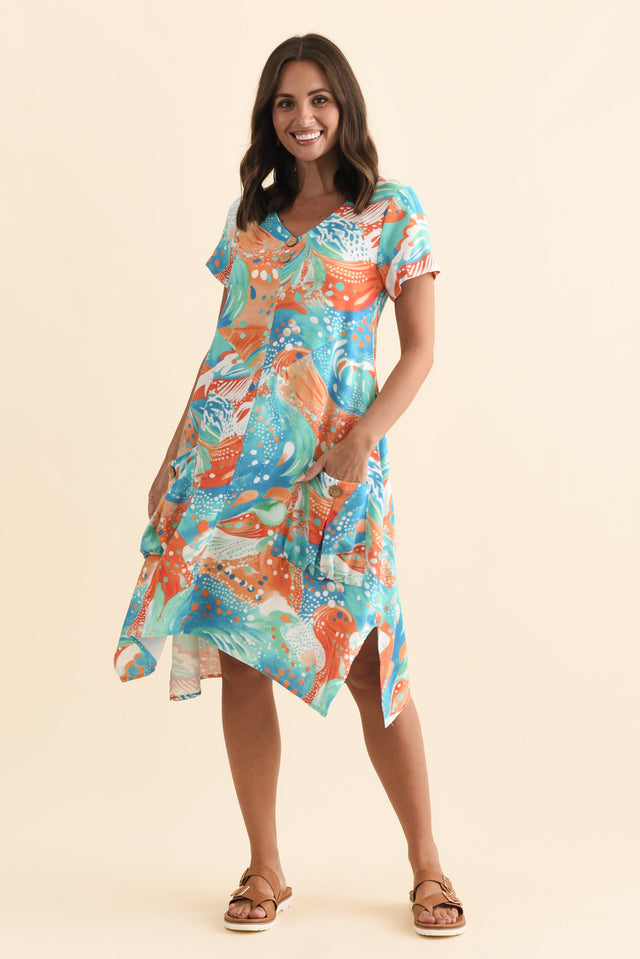 Bryant Orange Swirl Linen Cotton Dress,Brunette model,alt text|model:MJ image 7