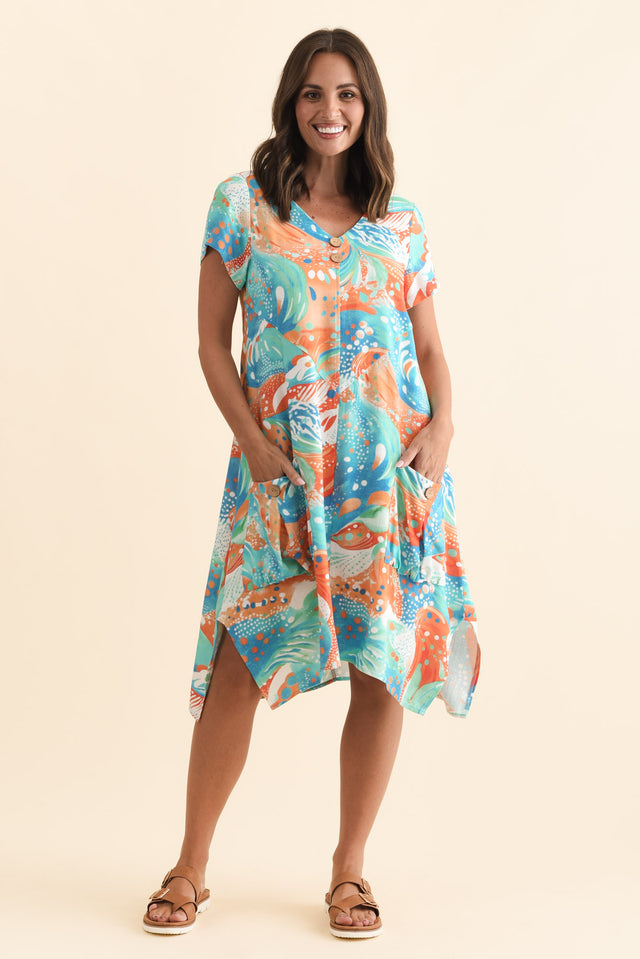 Bryant Orange Swirl Linen Cotton Dress,Brunette model,alt text|model:MJ image 3