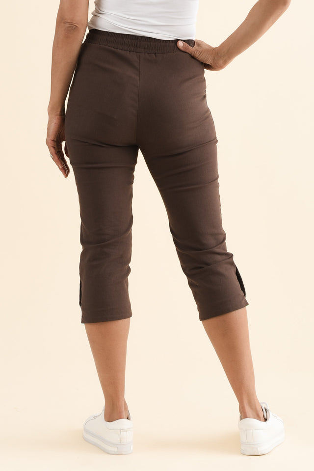 Bulimba Chocolate Cotton Capri Pants,Back,Brunette model,alt text|model:Cara image 4