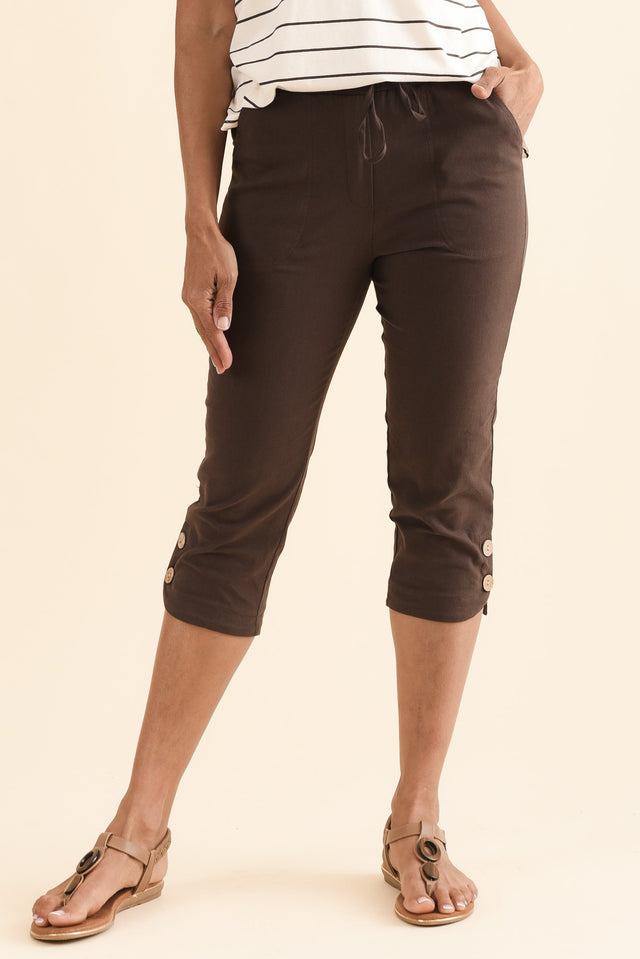 Bulimba Chocolate Cotton Capri Pants,Front,Brunette model,alt text|model:Cara
