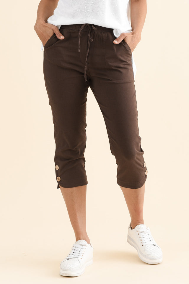 Bulimba Chocolate Cotton Capri Pants,Front,Brunette model,alt text|model:Cara image 1