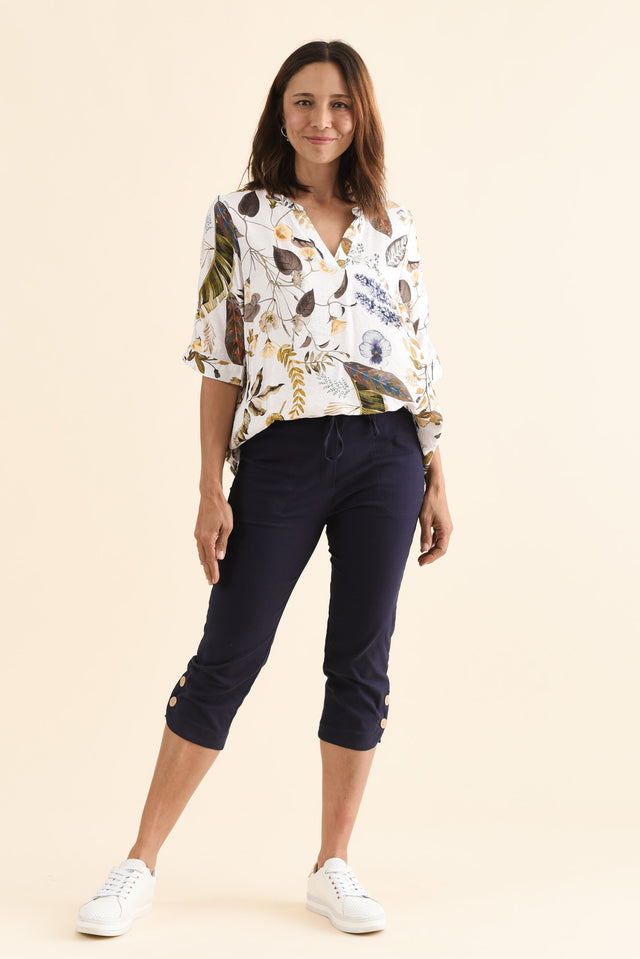 Bulimba Navy Cotton Capri Pants,Full Body,Brunette model,alt text|model:Cara