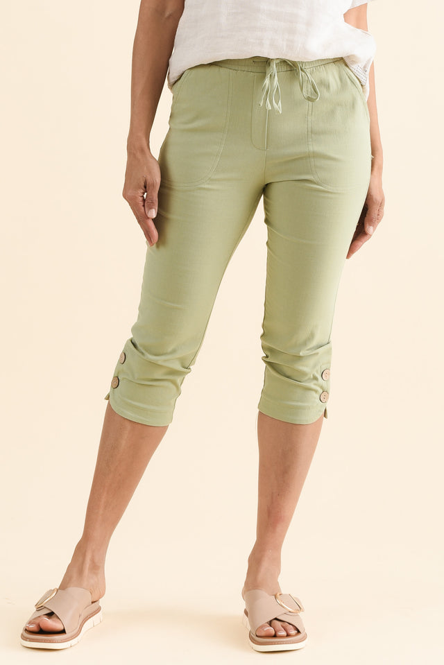 Bulimba Olive Cotton Capri Pants,Front,Brunette model,alt text|model:Cara image 1