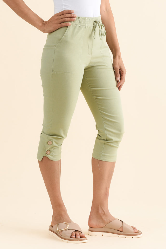 Bulimba Olive Cotton Capri Pants,Side,Brunette model,alt text|model:Cara image 3