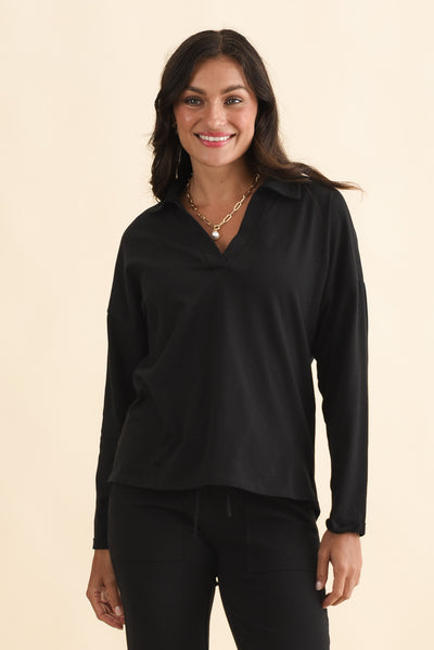 Butler Black Collared Long Sleeve Top