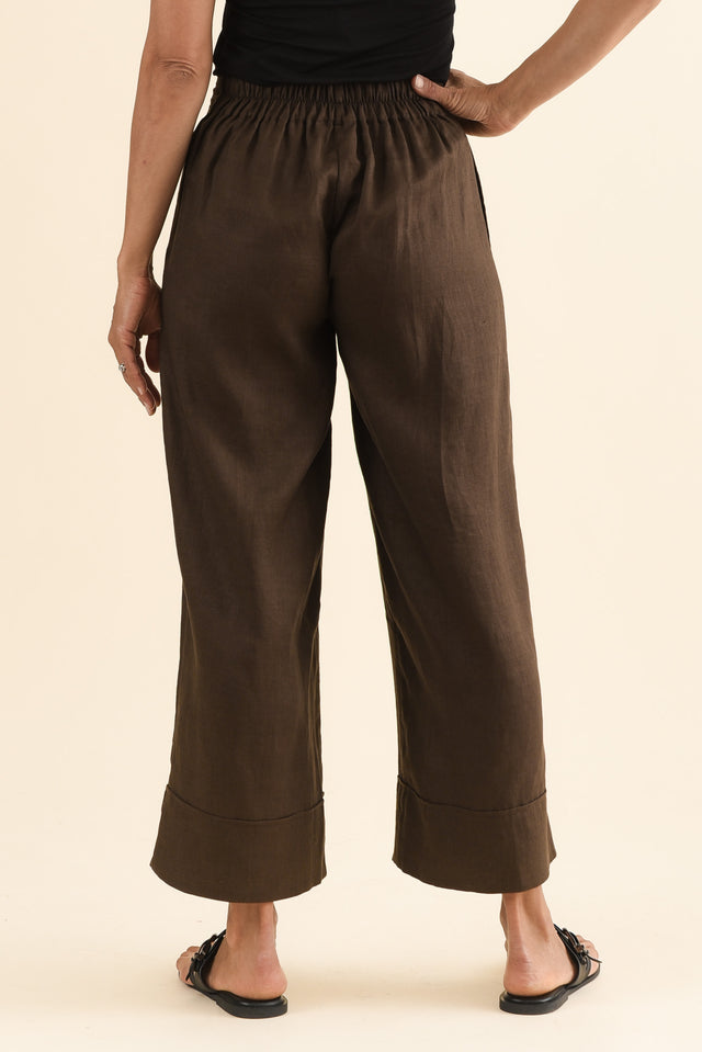 Cady Chocolate Linen Pants,Back,Brunette model,alt text|model:Cara image 4