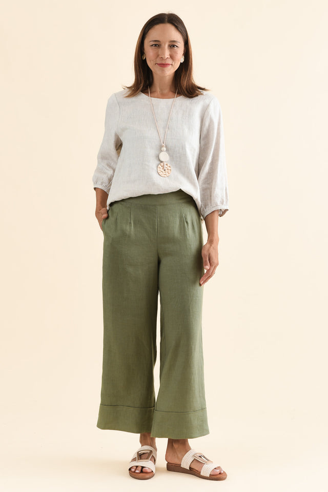 Cady Olive Linen Pants,Full Body,Brunette model,alt text|model:Cara image 2