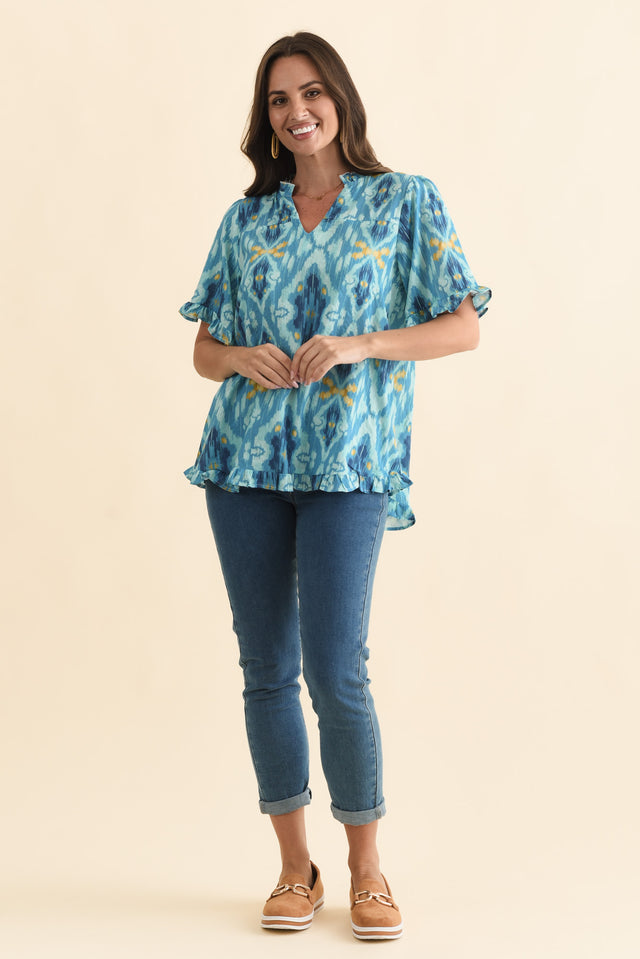 Calm Blue Diamond Ruffle Top,Brunette model,alt text|model:MJ image 7