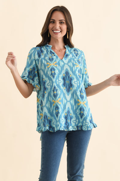 Calm Blue Diamond Ruffle Top
