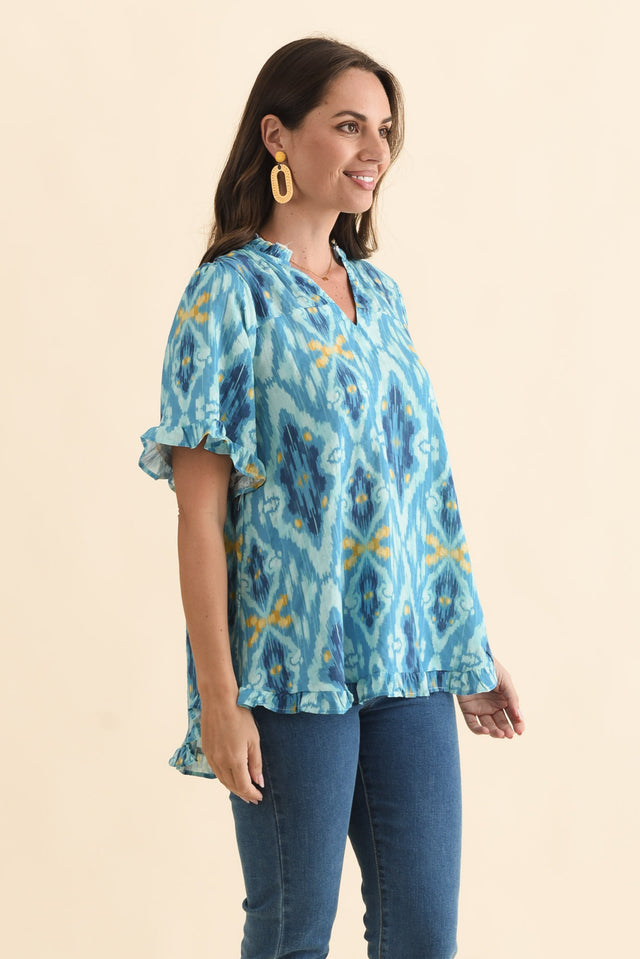 Calm Blue Diamond Ruffle Top,Brunette model,alt text|model:MJ image 4