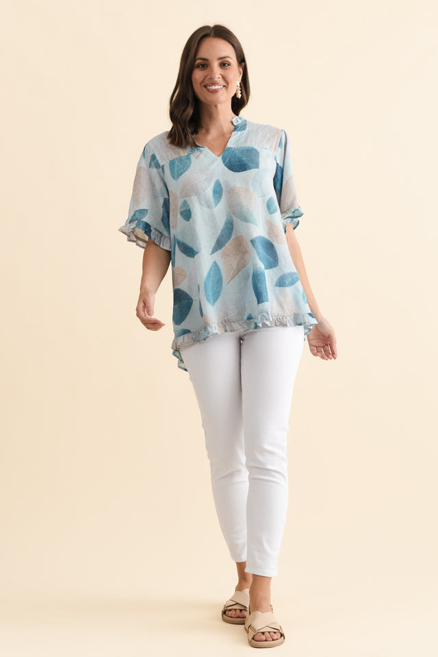 Calm Blue Leaf Ruffle Top,Brunette model,alt text|model:MJ image 7