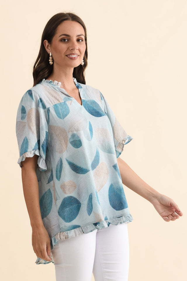 Calm Blue Leaf Ruffle Top,Brunette model,alt text|model:MJ image 4