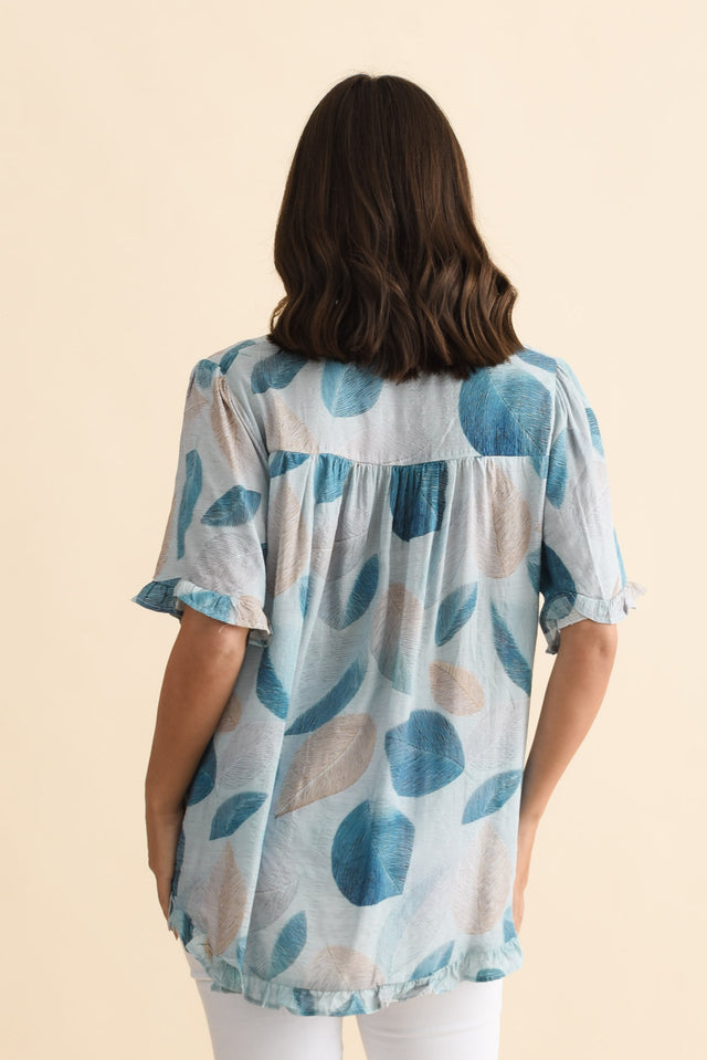 Calm Blue Leaf Ruffle Top,Brunette model,alt text|model:MJ image 5