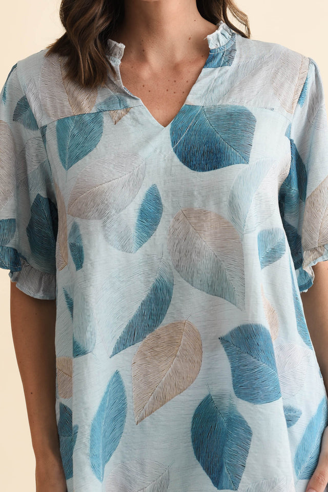 Calm Blue Leaf Ruffle Top,Brunette model,alt text|model:MJ image 6