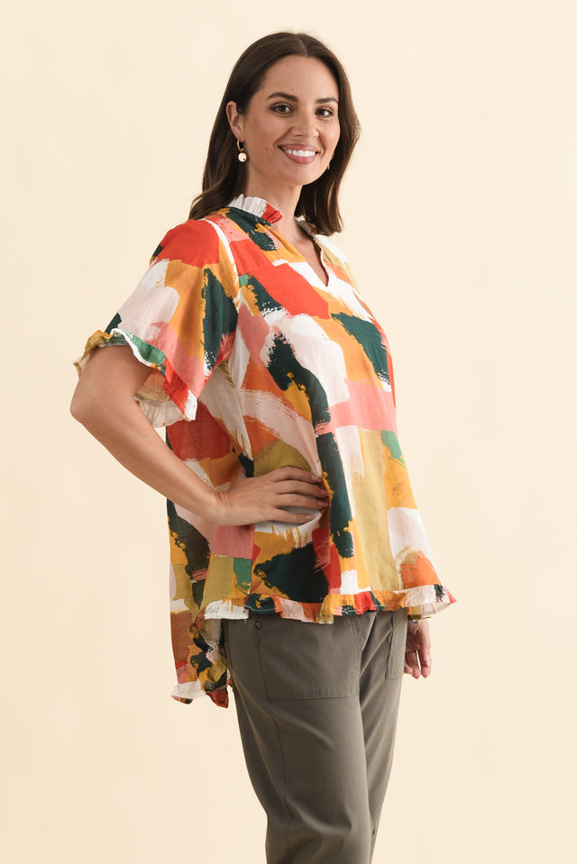 Calm Pink Abstract Ruffle Top,Brunette model,alt text|model:MJ image 4