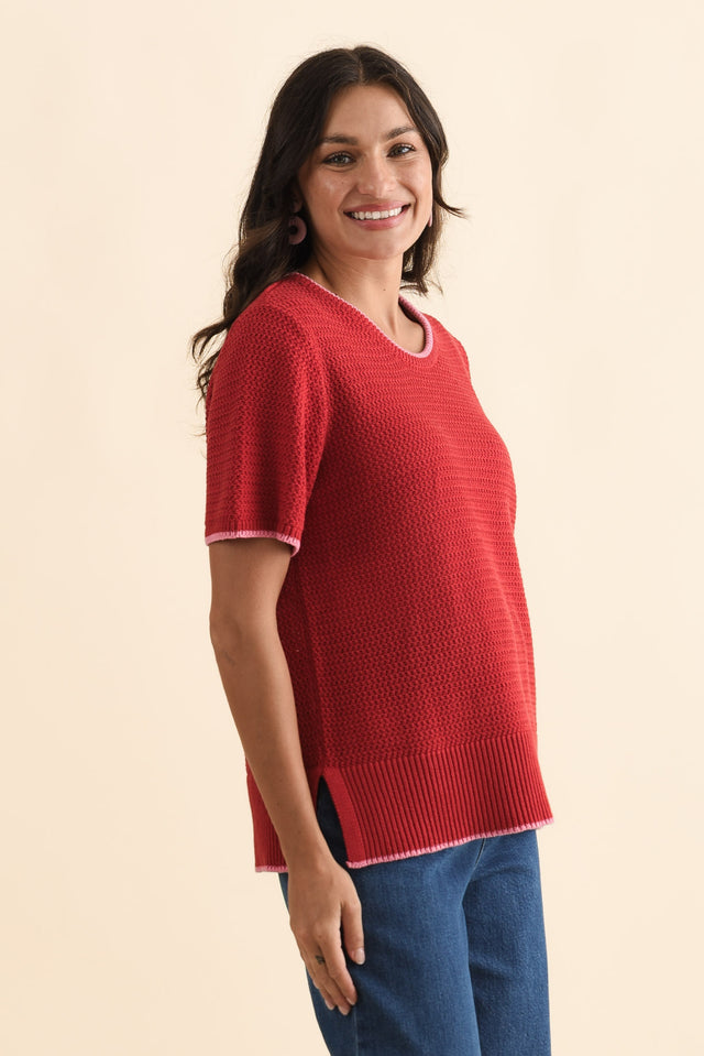 Camellia Red Cotton Knit Tee,Brunette model,alt text|model:Brontie image 4