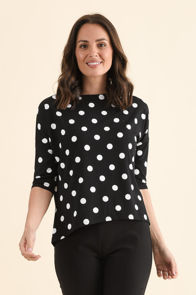 Camila Black Spot Bamboo Top,Front,Brunette model,alt text|model:MJ