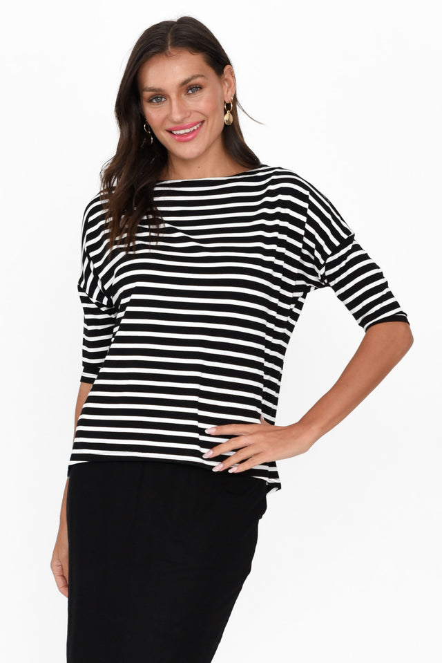 Camila Black Stripe Bamboo Top neckline_Round alt text|model:Brontie image 3