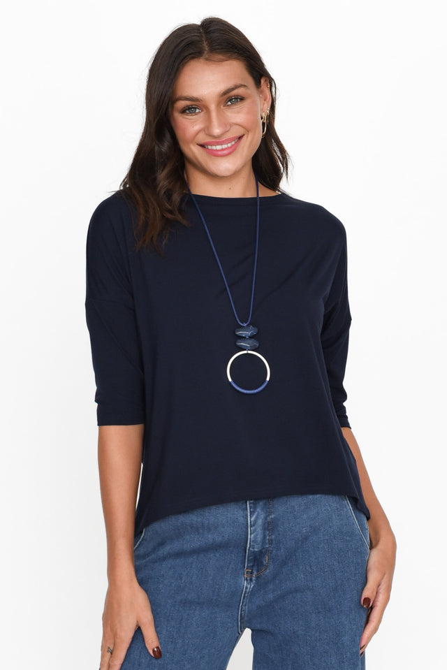 Camila Navy Bamboo Top neckline_Boat alt text|model:Brontie image 1