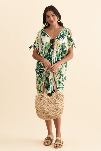 Candice Green Leaf Cold Shoulder Kaftan