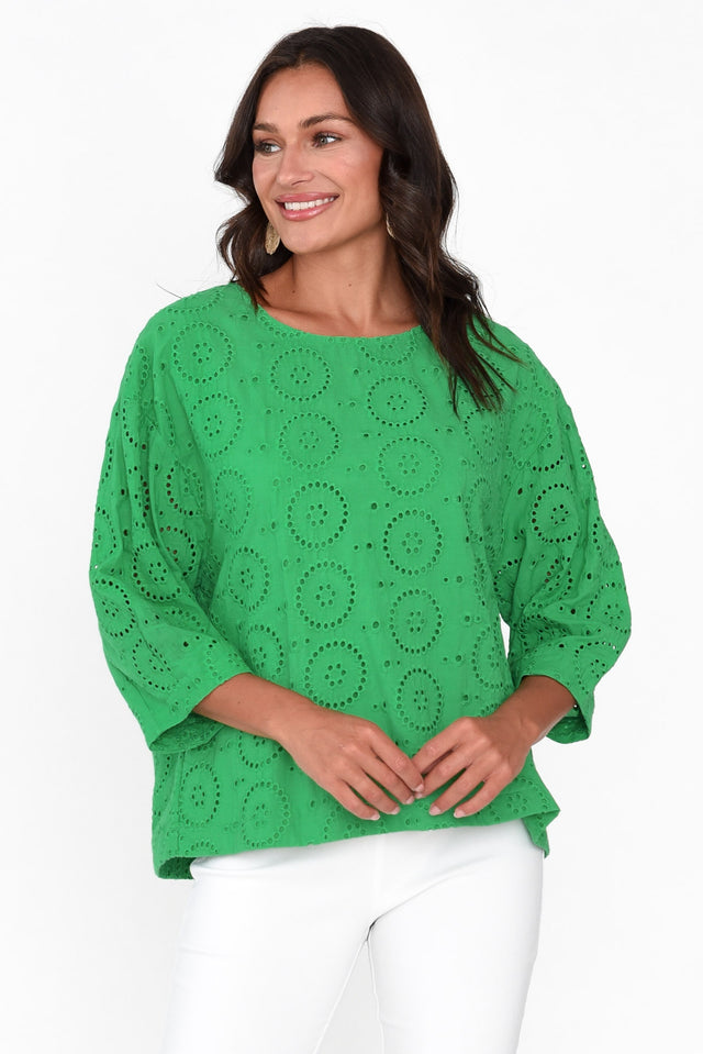 Carisia Emerald Cotton Broderie Top neckline_Round  alt text|model:Brontie;wearing:AU 8 / US 4 image 1